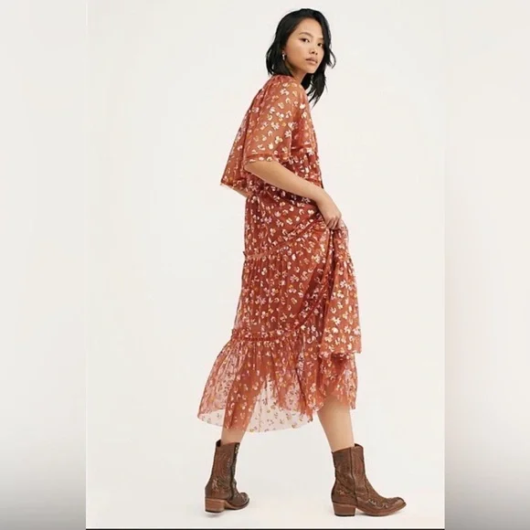 Free People Burnt Orange Floral Tiered Midi Dress - Picture 3 of 4